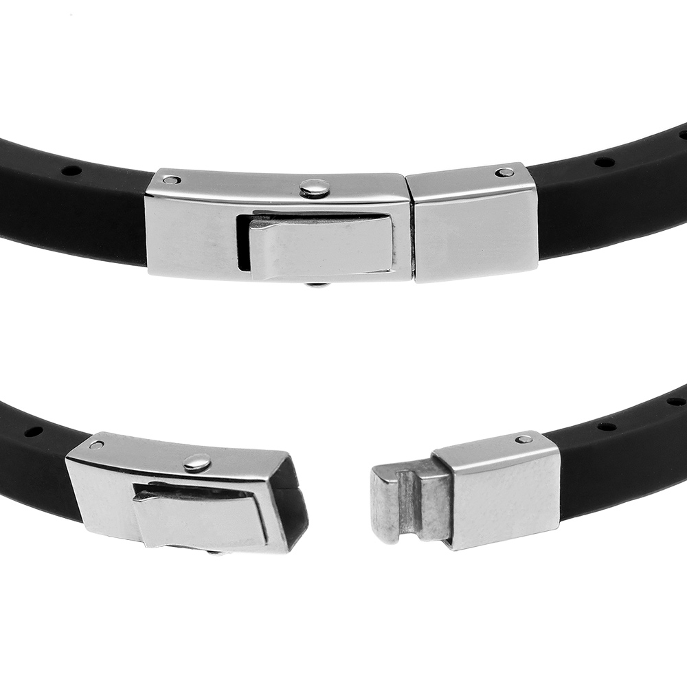 Bracelet en acier caoutchouc noir PVD bleu  trois oxydes noirs - 21.5cm r�glable  20cm et 18.5cm - Vue 2