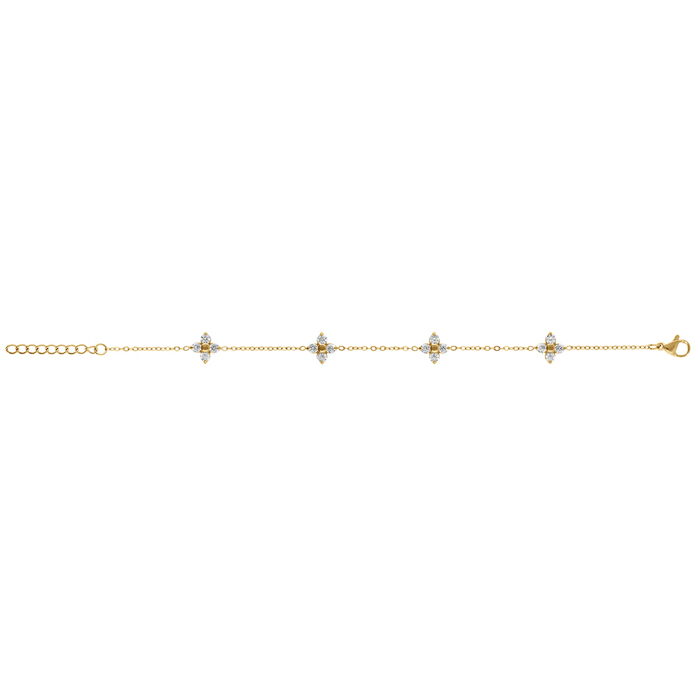Bracelet acier dor� quatre fleurs d\'oxydes blancs - 17+3cm - Vue 2