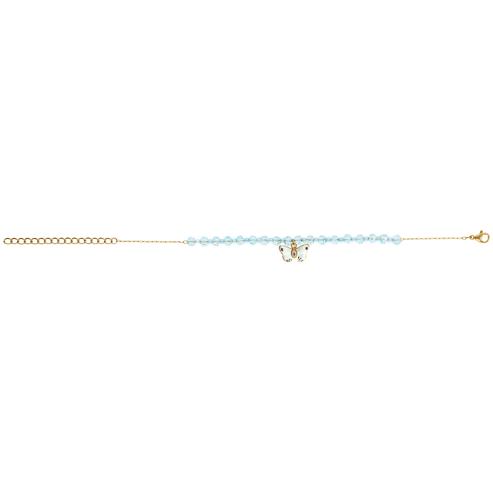 Bracelet en acier dor� perle bleu ciel avec pampille papillon - 16.5+5cm - Vue 2