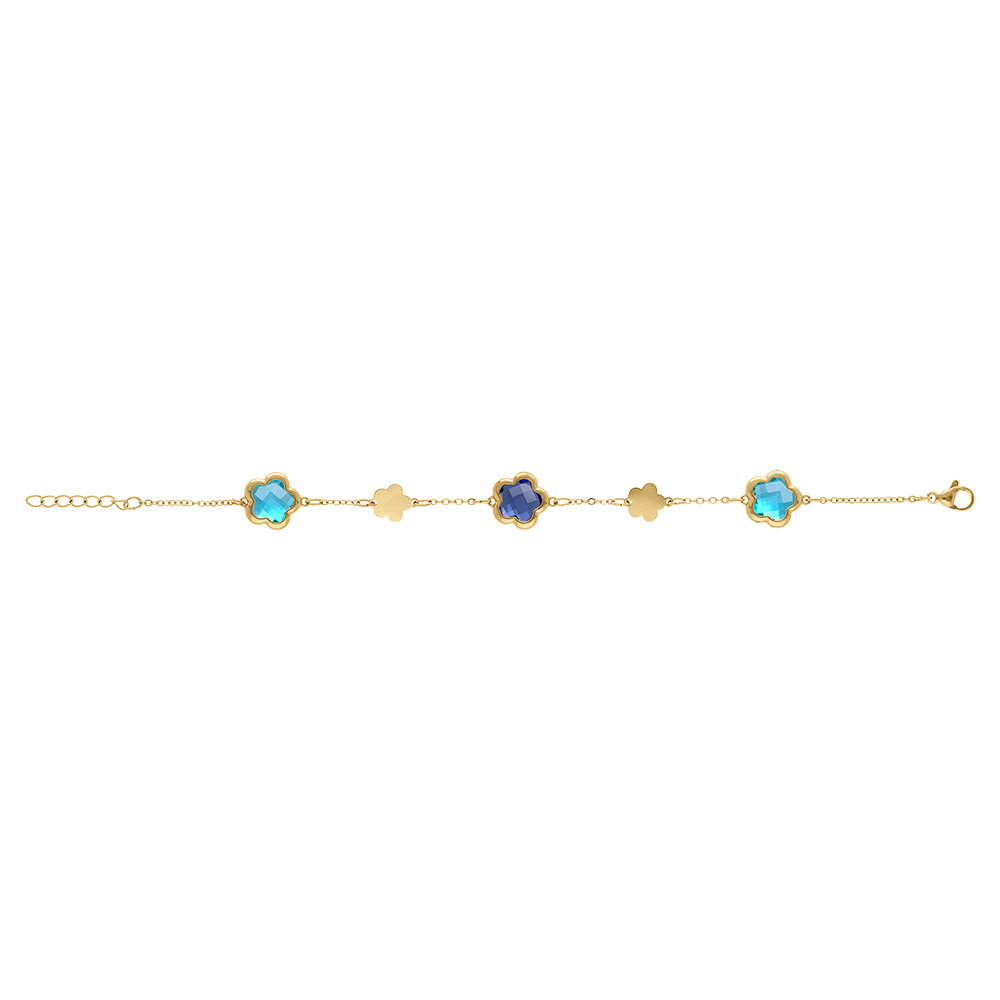 Bracelet en acier dor� avec pastilles de fleurs dor�es et oxydes forme fleur bleus - 16+3cm - Vue 2