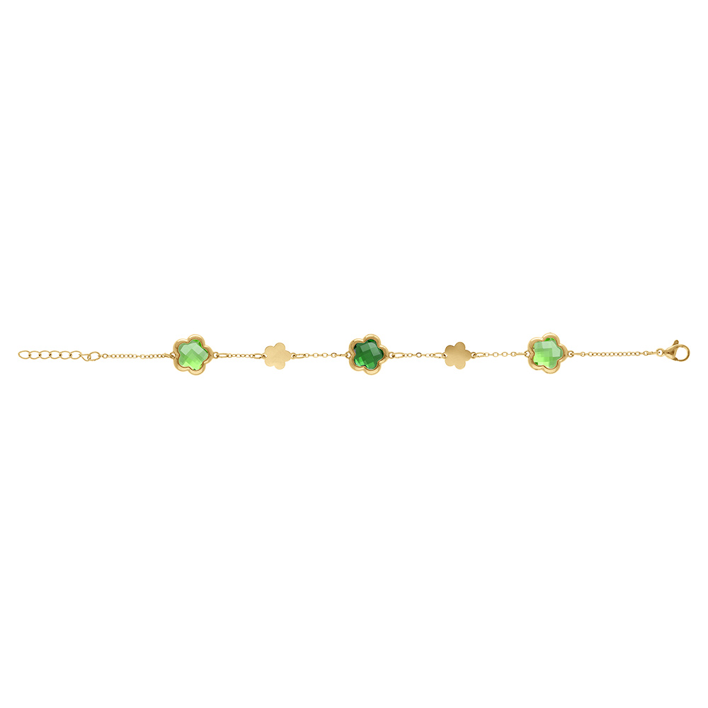 Bracelet en acier dor� pastilles fleur dor�es et oxydes forme fleur vert clair - 16+3cm - Vue 2