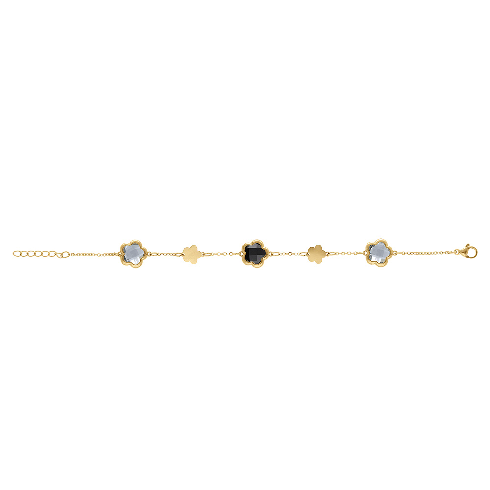 Bracelet en acier dor� pastilles fleur dor�es et oxydes forme fleur noirs et blancs - 16+3cm - Vue 2