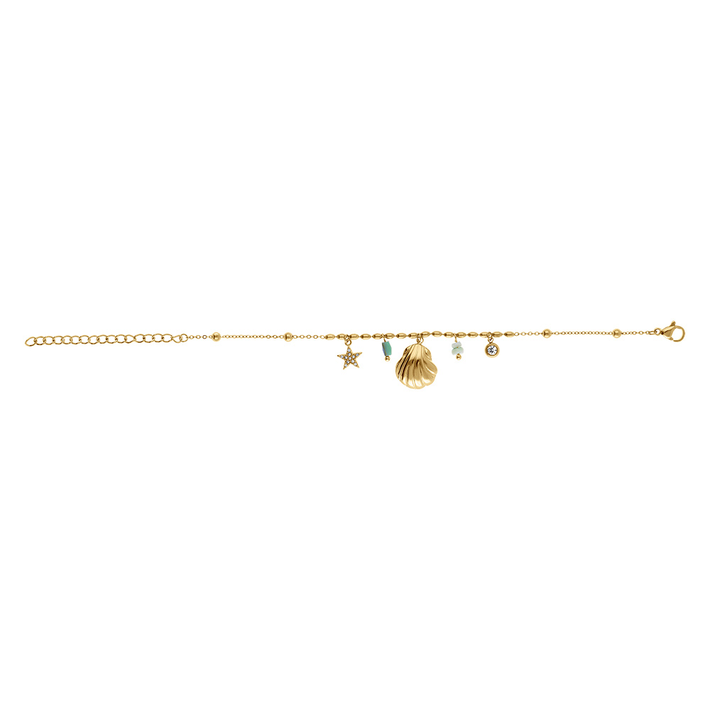 Bracelet en acier dor� pampilles coquillage, �toile de mer avec oxyde blanc serti clos - 16+3cm - Vue 2