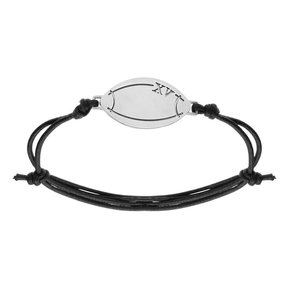 Bracelet en acier et cordon coulissant noir avec 1 ballon de rugby XV au milieu - Vue 2