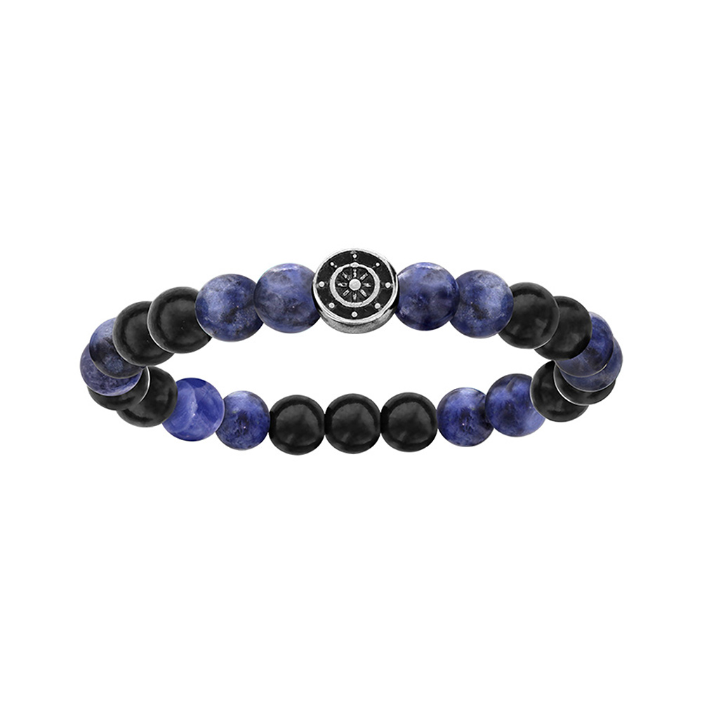Bracelet en acier  extensible perles bois noir et quartz bleu motif ancre marine - Vue 2