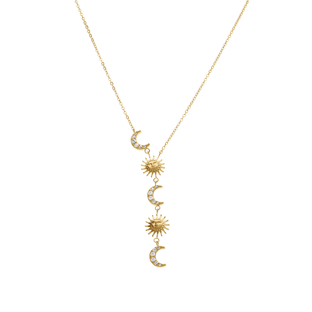 Collier en acier dor� forme cravate lunes et soleils avec oxydes blancs - 42+5cm - Vue 2