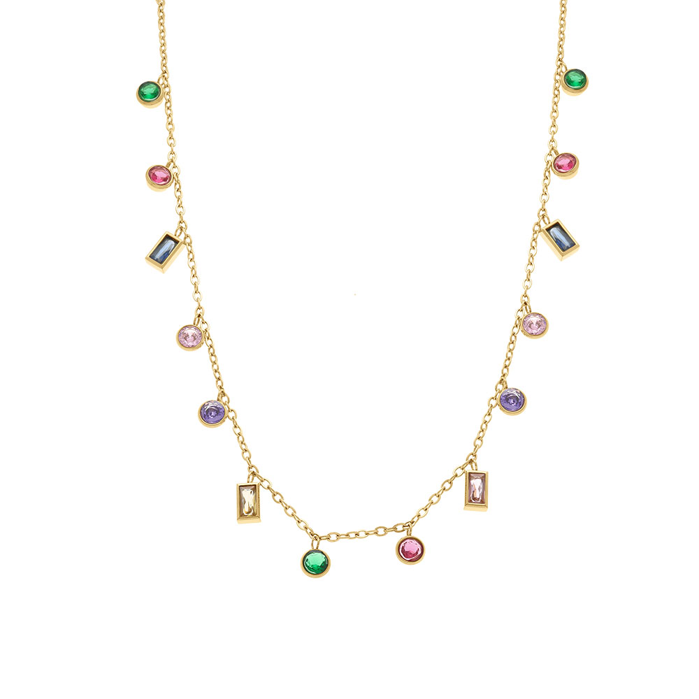 Collier en acier dor� d\'oxydes multi couleurs sertis clos - 40+5cm - Vue 2