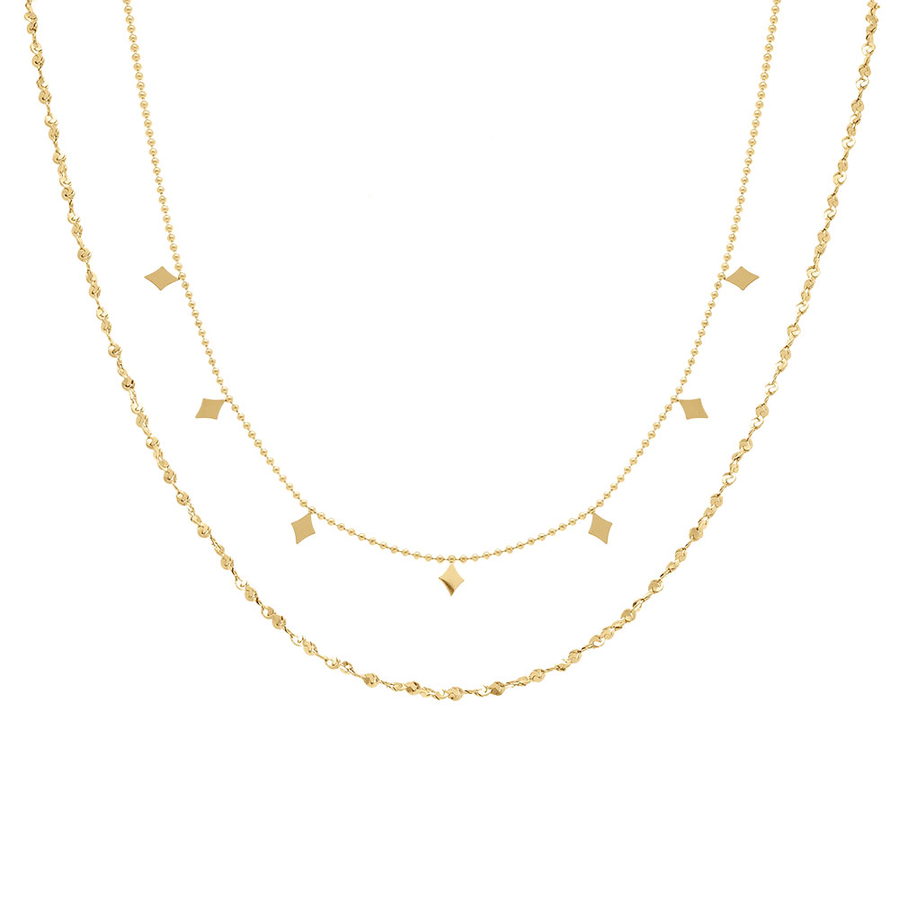 Collier en acier et PVD dor� deux rangs cha�ne boules et diamant�e avec losanges - 40+5cm - Vue 2