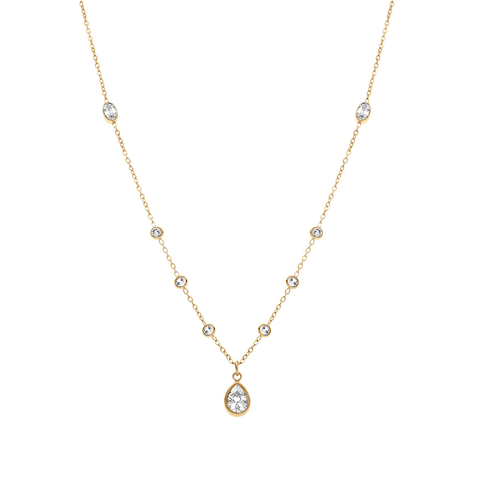 Collier en acier dor� pendentif goutte d\'oxyde blanc serti clos et oxydes blancs sertis clos sur cha�ne - 40+5cm - Vue 2