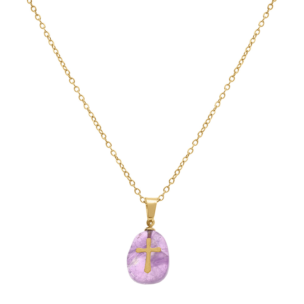 Collier en acier dor� pendentif am�thyste v�ritable avec motif croix,  40+6cm - Vue 2