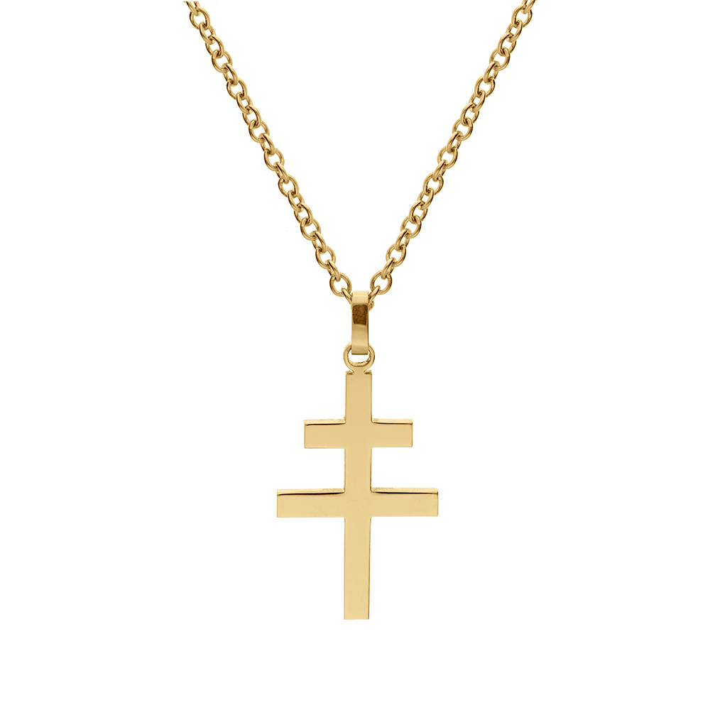 Collier en acier jaune satin� pendentif Croix de Lorraine 30mmx19mm  - 50+5cm - Vue 2