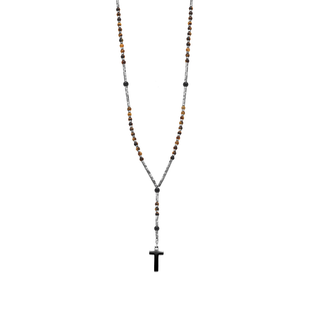Collier en acier chapelet boules fonc�es, croix 27mm x 15mm PVD noir sans fermoir  - 70cm - Vue 2