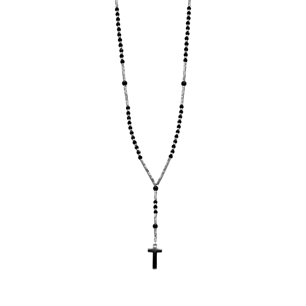 Collier en acier chapelet boules noires et croix 27mm x 15mm PVD noir sans fermoir  - 70cm - Vue 2
