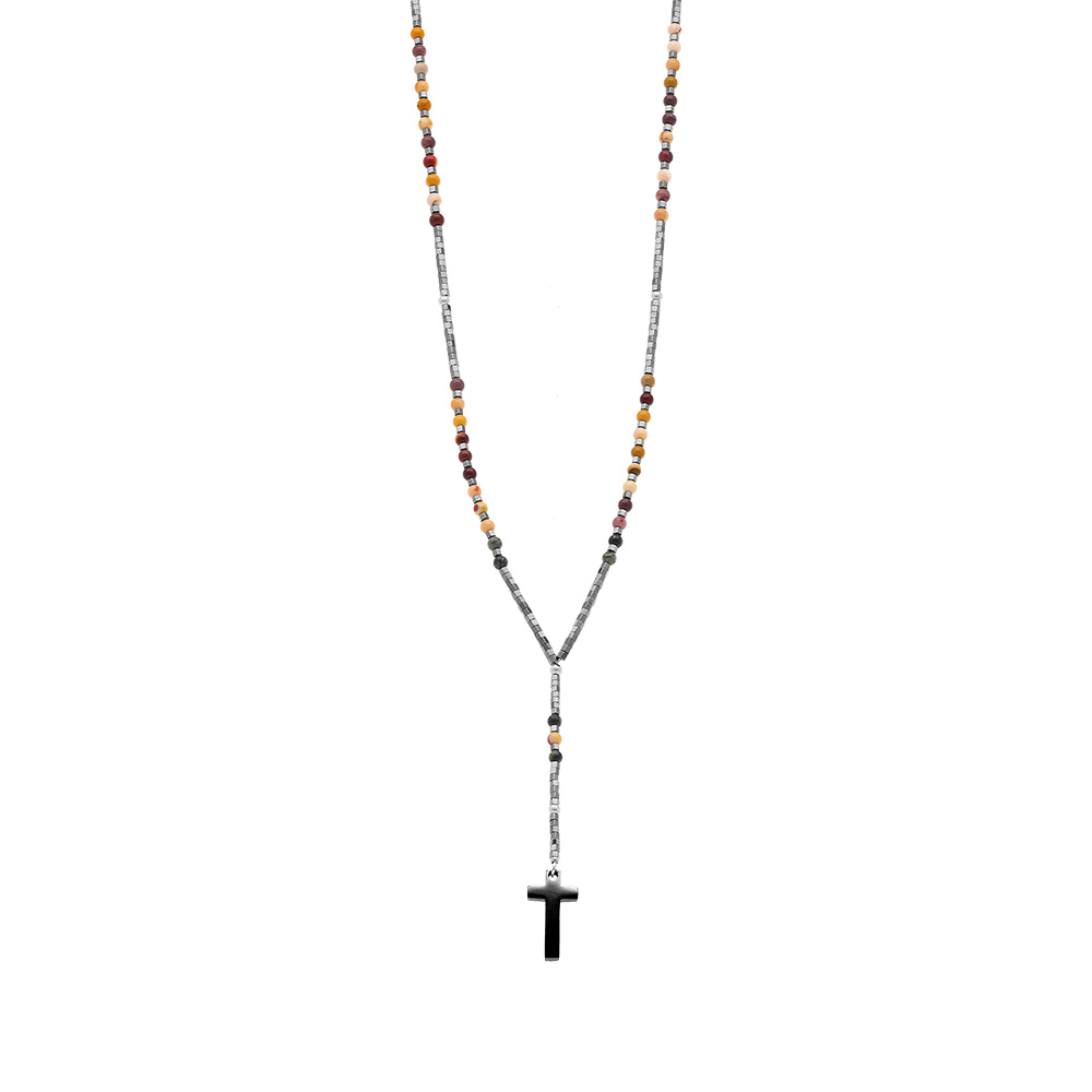 Collier en acier chapelet boules claires, croix 27mm x 15mm PVD noir sans fermoir - 70cm - Vue 2