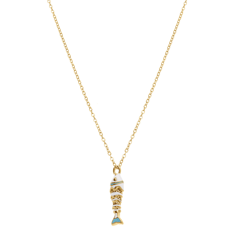 Collier en acier dor� pendentif poisson r�sine turquoise et blanche - 42+5cm - Vue 2