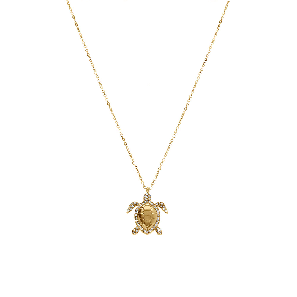 Collier en acier dor� pendentif tortue avec oxydes blancs sertis - 45+5cm - Vue 2
