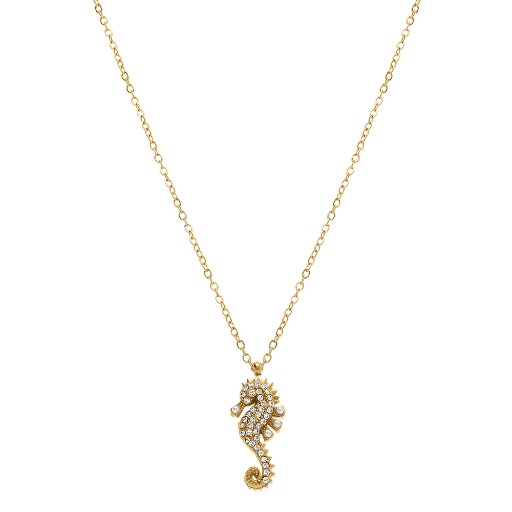 Collier en acier dor� pendentif hyppocampe orn� d\'oxydes blancs sertis - 45+5cm - Vue 2