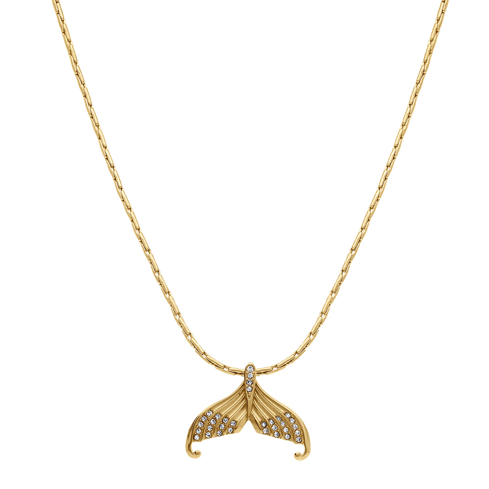Collier en acier dor� pendentif queue de baleine par�e d\'oxydes blancs sertis - 45+5cm - Vue 2