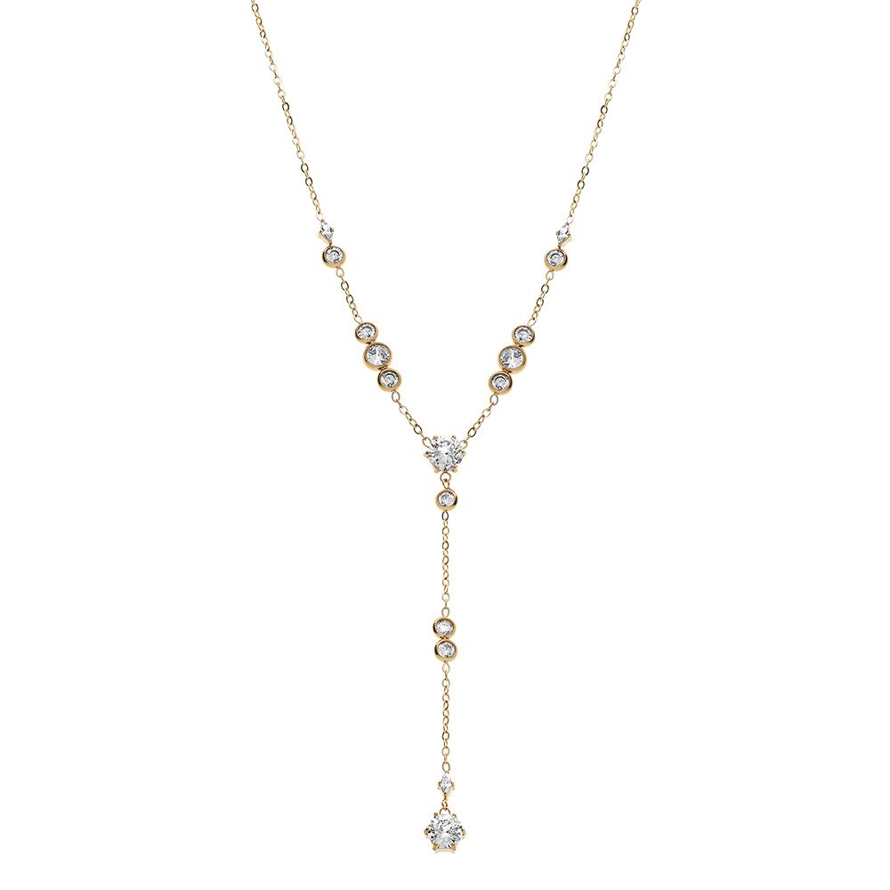 Collier en acier dor� forme cravate et oxydes blancs - 42+5cm - Vue 2