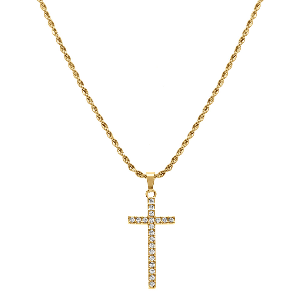 Collier en acier dor� avec cha�ne corde et pendentif croix 30mm x 15mm orn� d\'oxydes blancs - 38+5cm - Vue 2