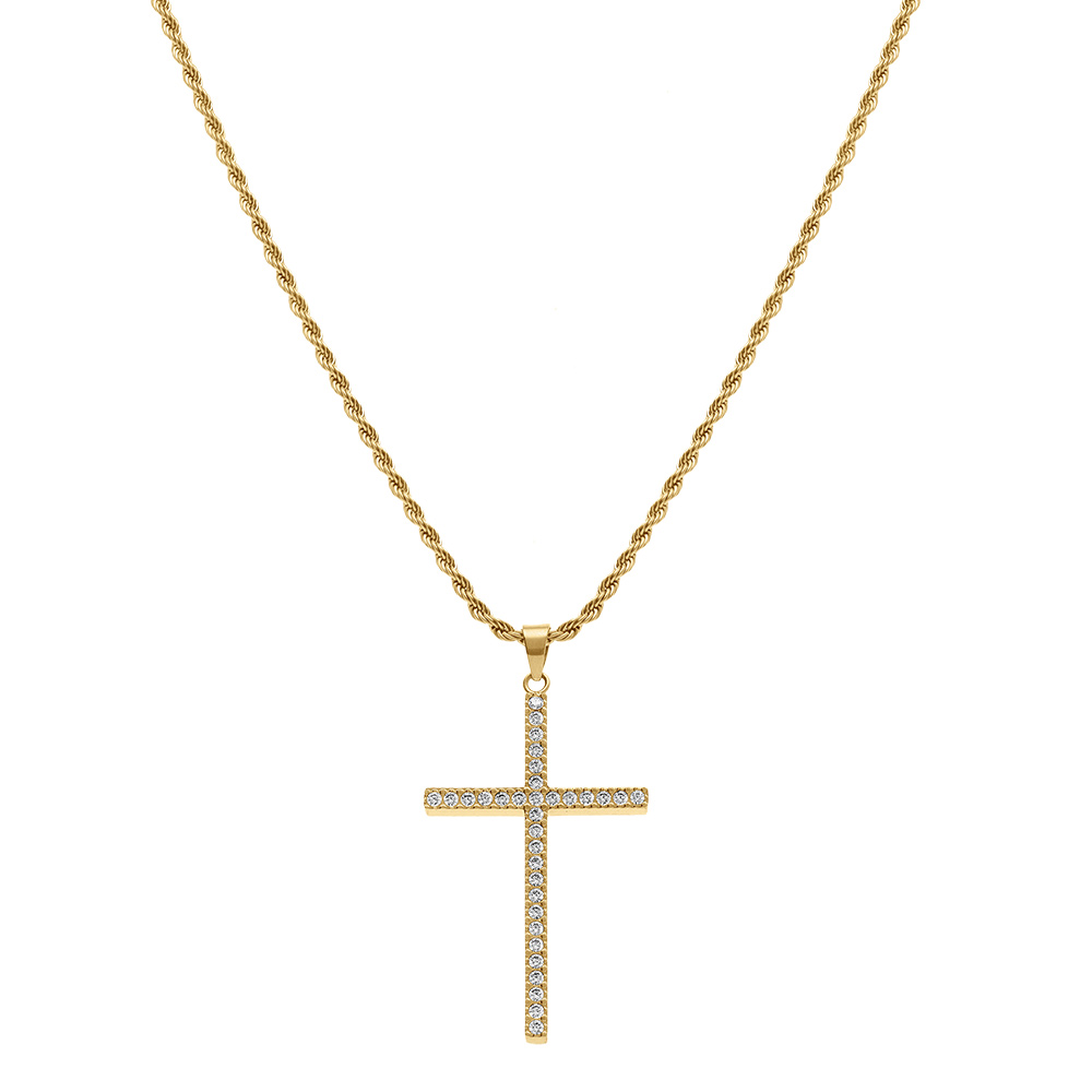 Collier en acier dor� avec cha�ne corde et pendentif grande croix 40mm x 23mm orn� d\'oxydes blancs -  38+5cm - Vue 2