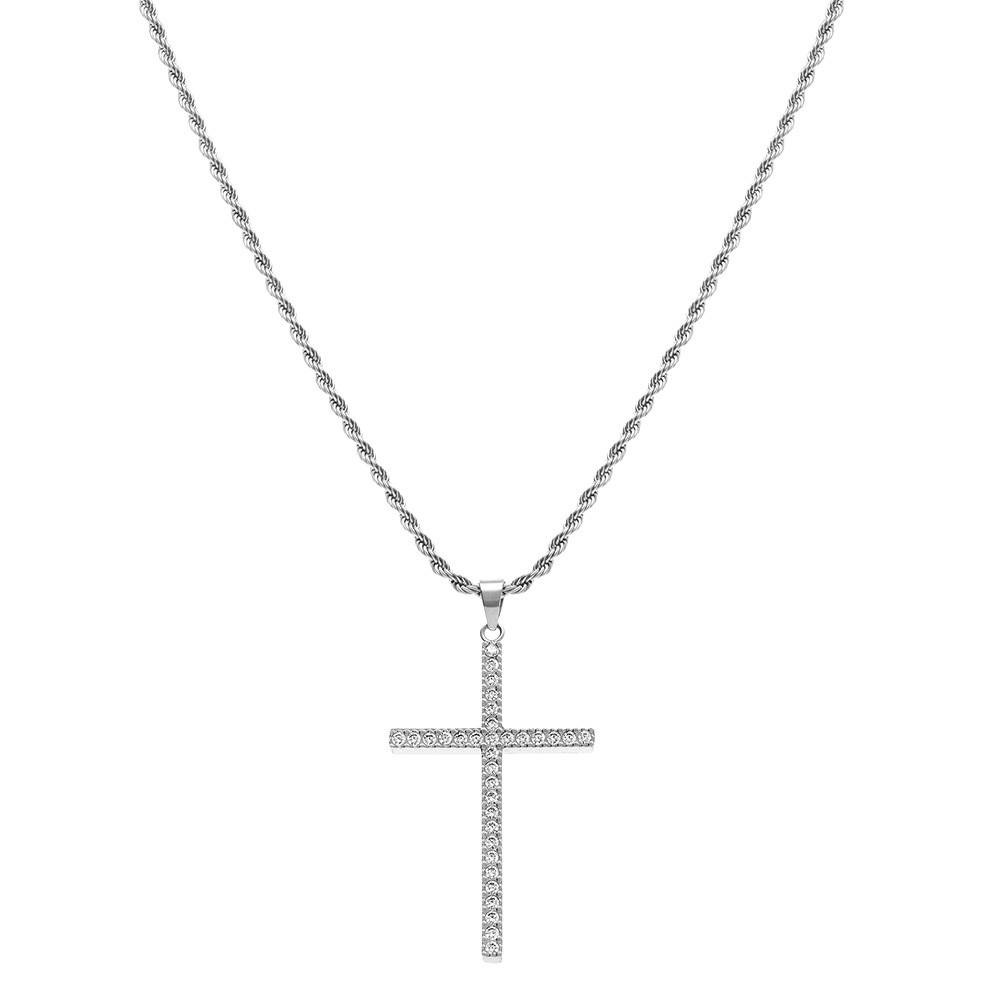 Collier en acier avec cha�ne corde et pendentif grande croix 40mm x 23mm orn� d\'oxydes blancs -  38+5cm - Vue 2