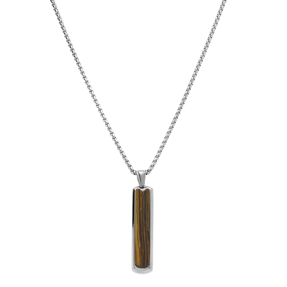 Collier en acier pendentif vertical 35mm x 7mm oeil de tigre v�ritable - 54.5cm - Vue 2