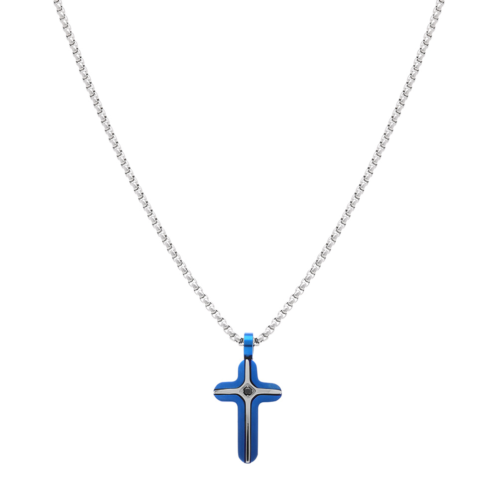 Collier en acier PVD bleu croix 25mm un oxyde bleu - 45+6cm - Vue 2