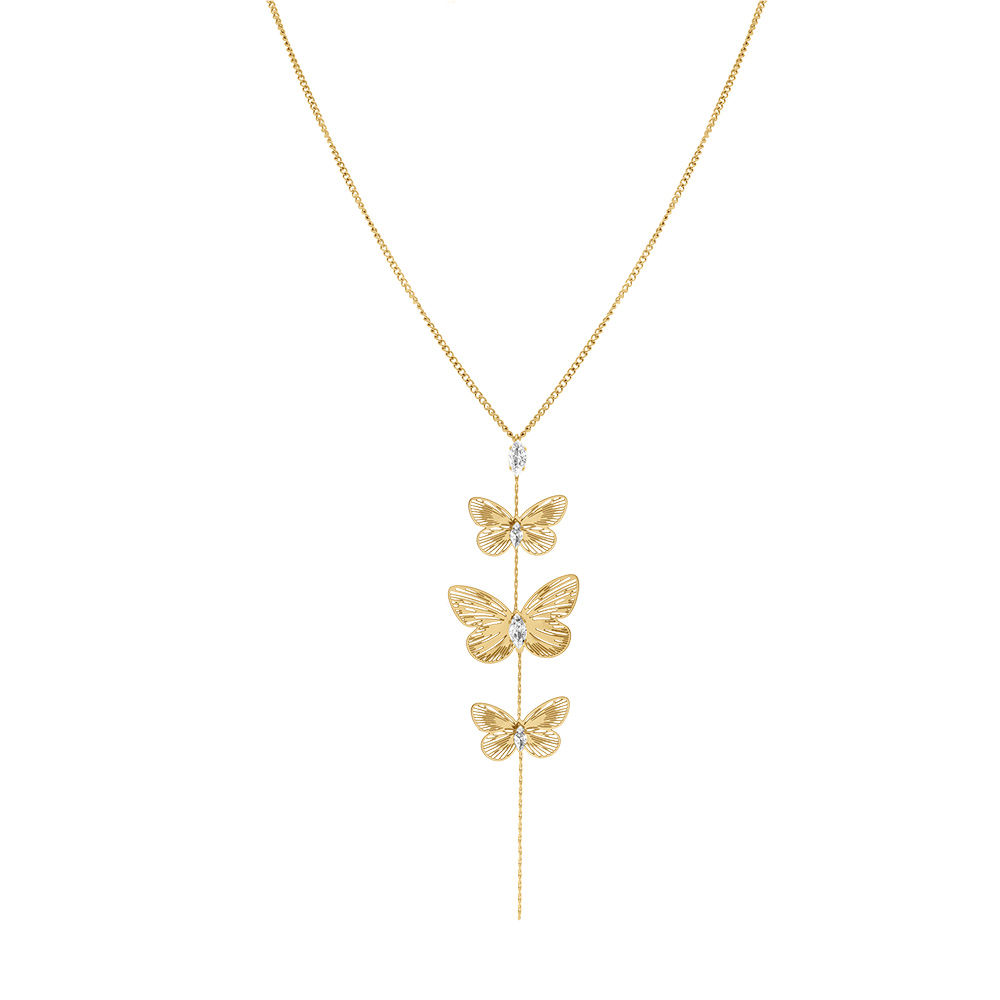 Collier en acier dor� avec pendant trois  papillons et oxydes blancs - Vue 2