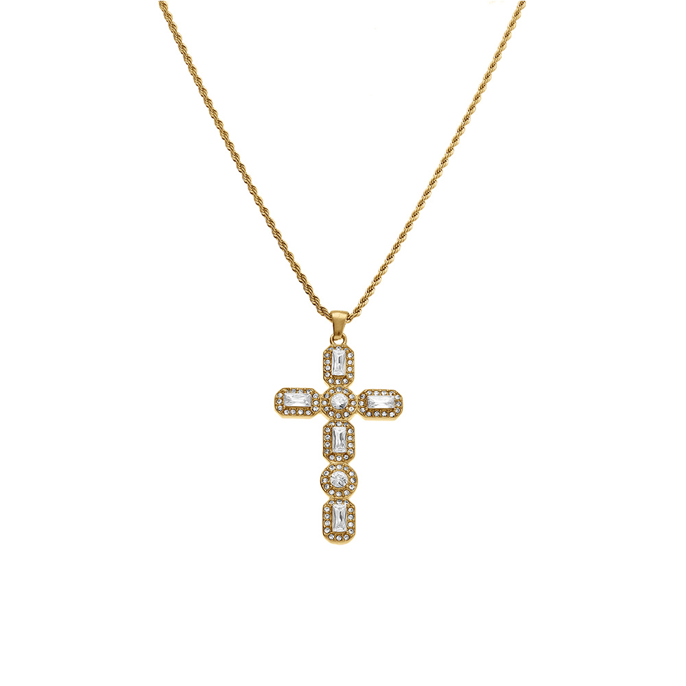 Collier en acier dor� chaine corde avec pendentif croix avec oxydes blancs - 45+5cm - Vue 2