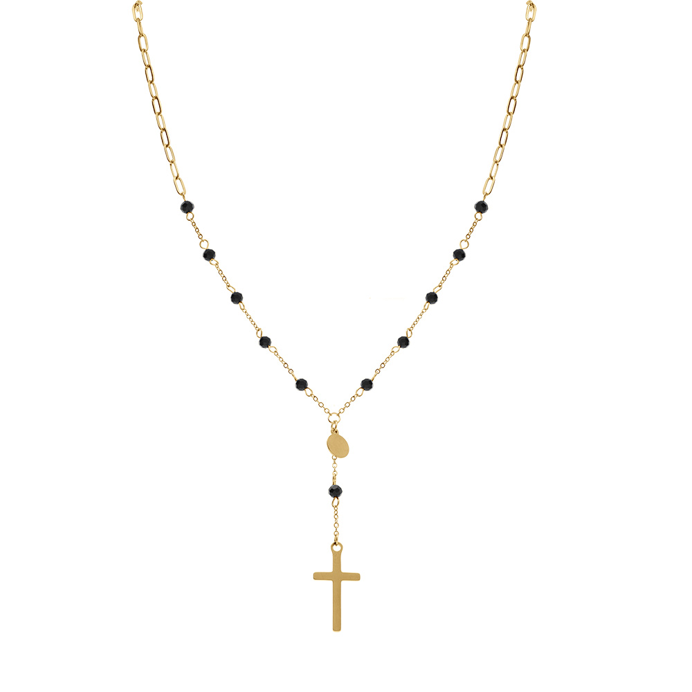 Collier en acier dor� cravate boules noires et croix  - 45+5cm - Vue 2