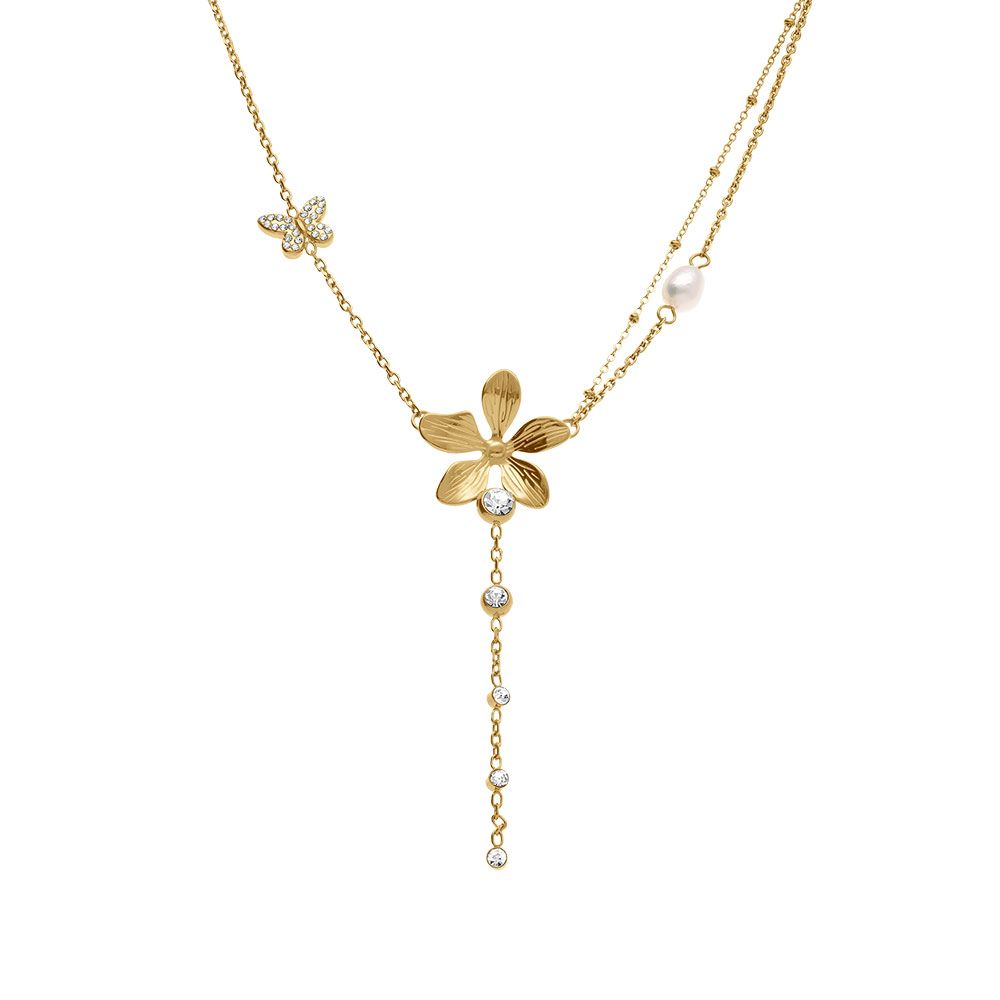 Collier en acier dor� cravate fleur et papillon et oxyde blanc et perle blanche imitation - 43+5cm - Vue 2