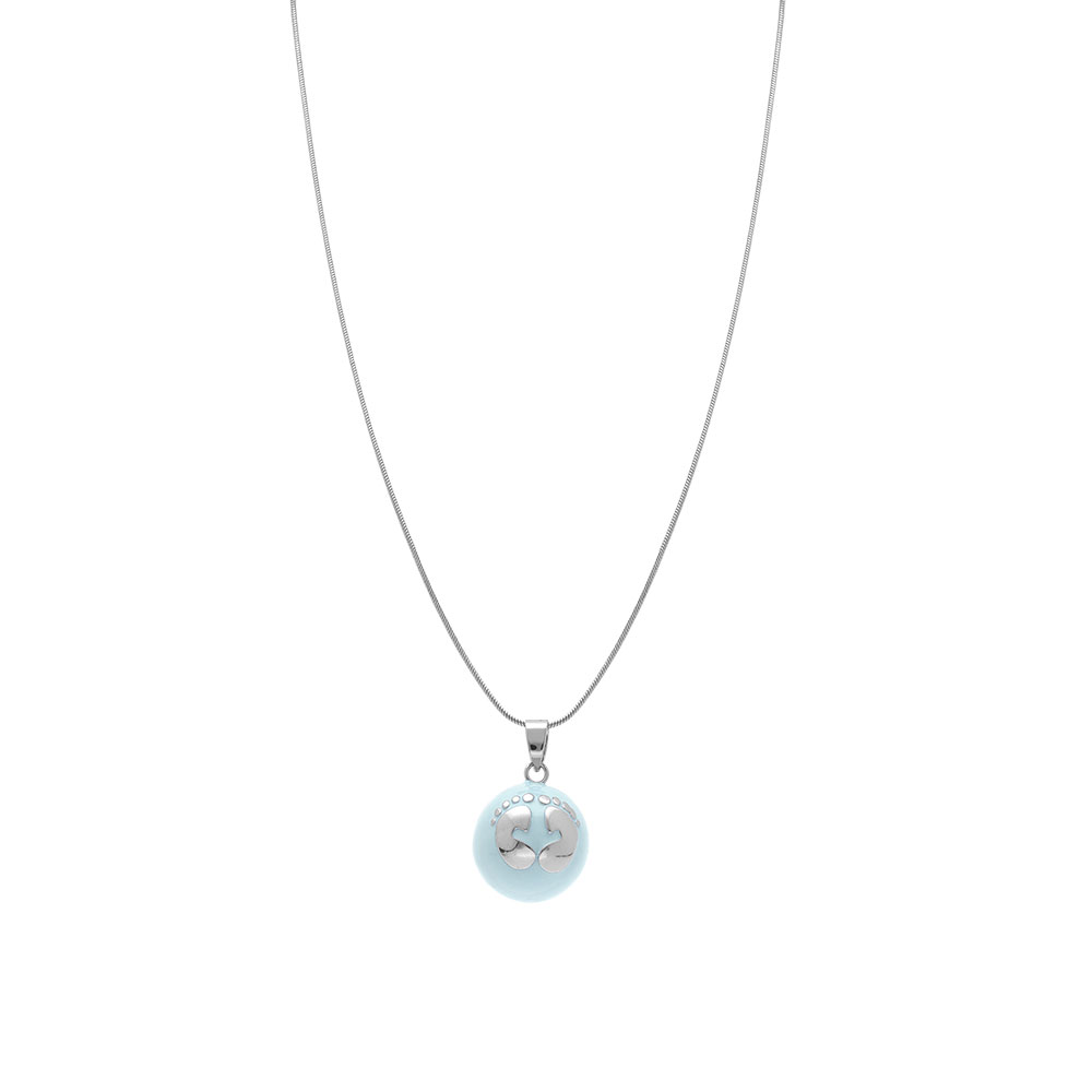 Collier en acier bola de grossesse rond 21mm r�sine bleu ciel et motif pied - 90+20cm - Vue 2