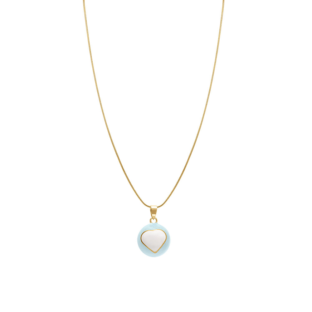 Collier en acier dor� bola de grossesse rond r�sine 21mm bleu ciel et coeur blanc - 90+20cmen - Vue 2