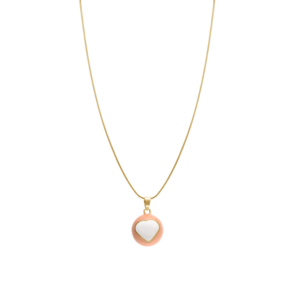 Collier en acier dor� bola de grossesse rond 21mm r�sine rose et coeur blanc - 90+20cm - Vue 2