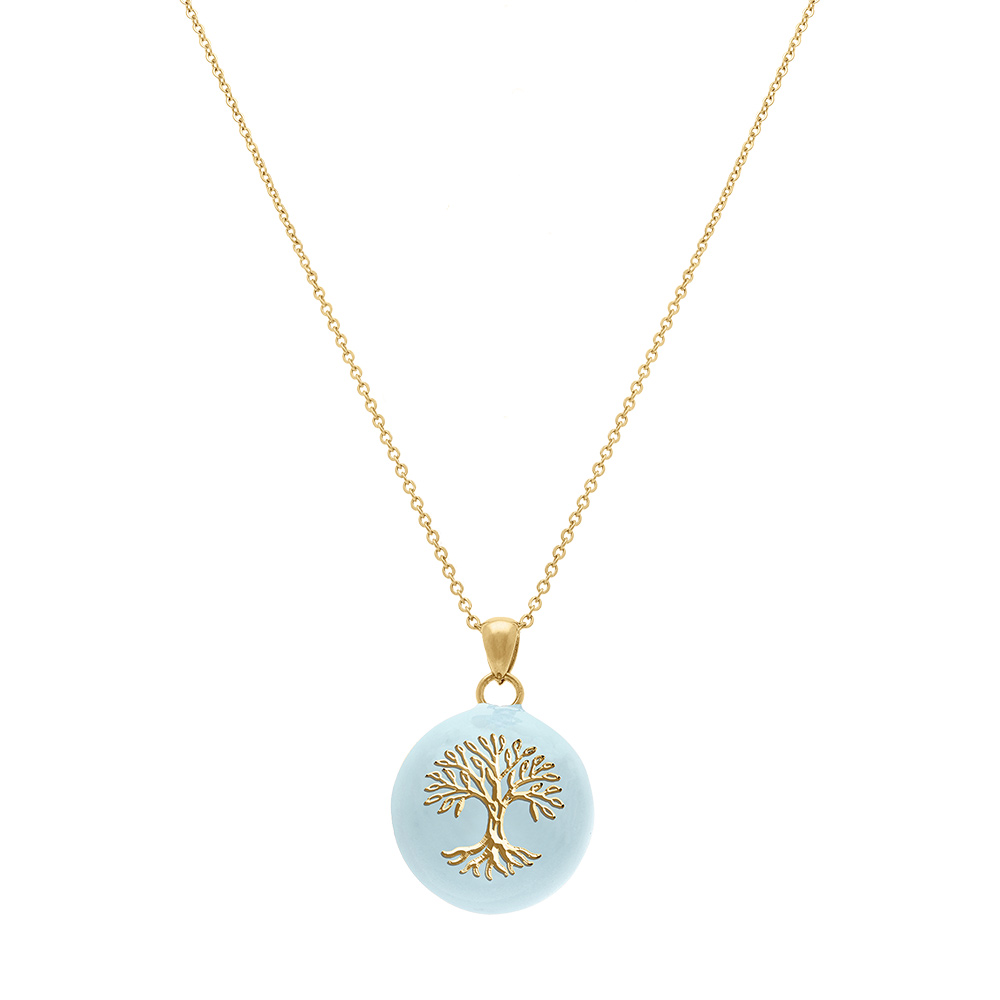 Collier en acier dor� bola de grossesse rond 21mm arbre de vie r�sine bleu ciel  - 90+20cm - Vue 2