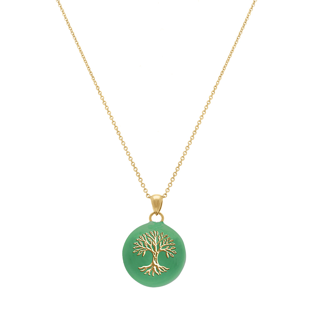 Collier en acier dor� bola de grossesse rond 21mm arbre de vie et r�sine verte  - 90+20cm - Vue 2