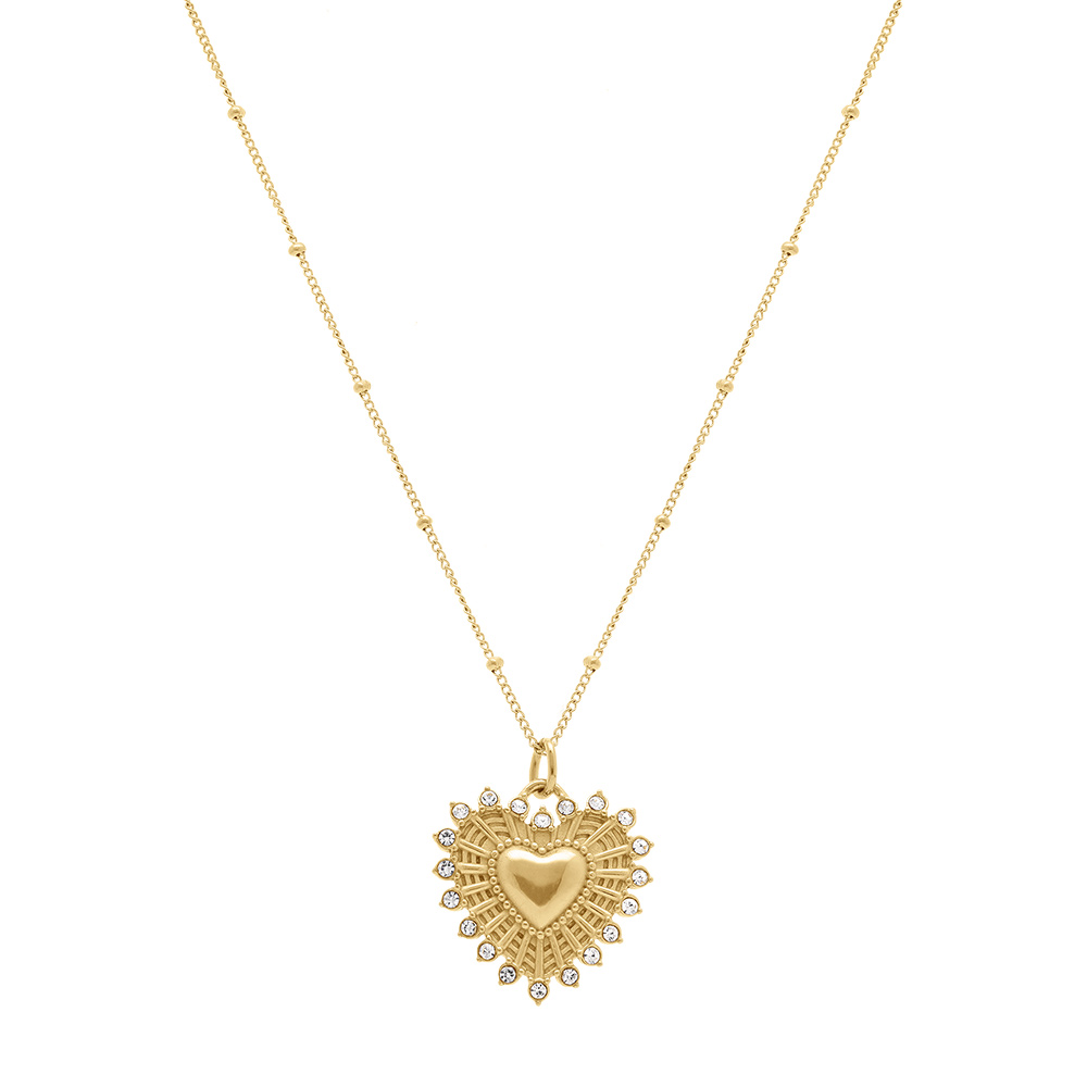 Collier en acier dor� avec pendentif coeur 22mm rayonnant avec contour d\' oxydes blancs - 45+5cm - Vue 2