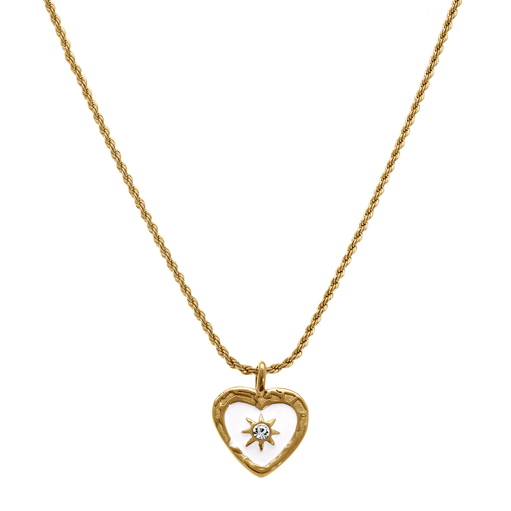 Collier en acier dor� avec pendentif coeur 19x23mm de r�sine blanche et etoile du nord avec oxyde blanc - 45+5cm - Vue 2