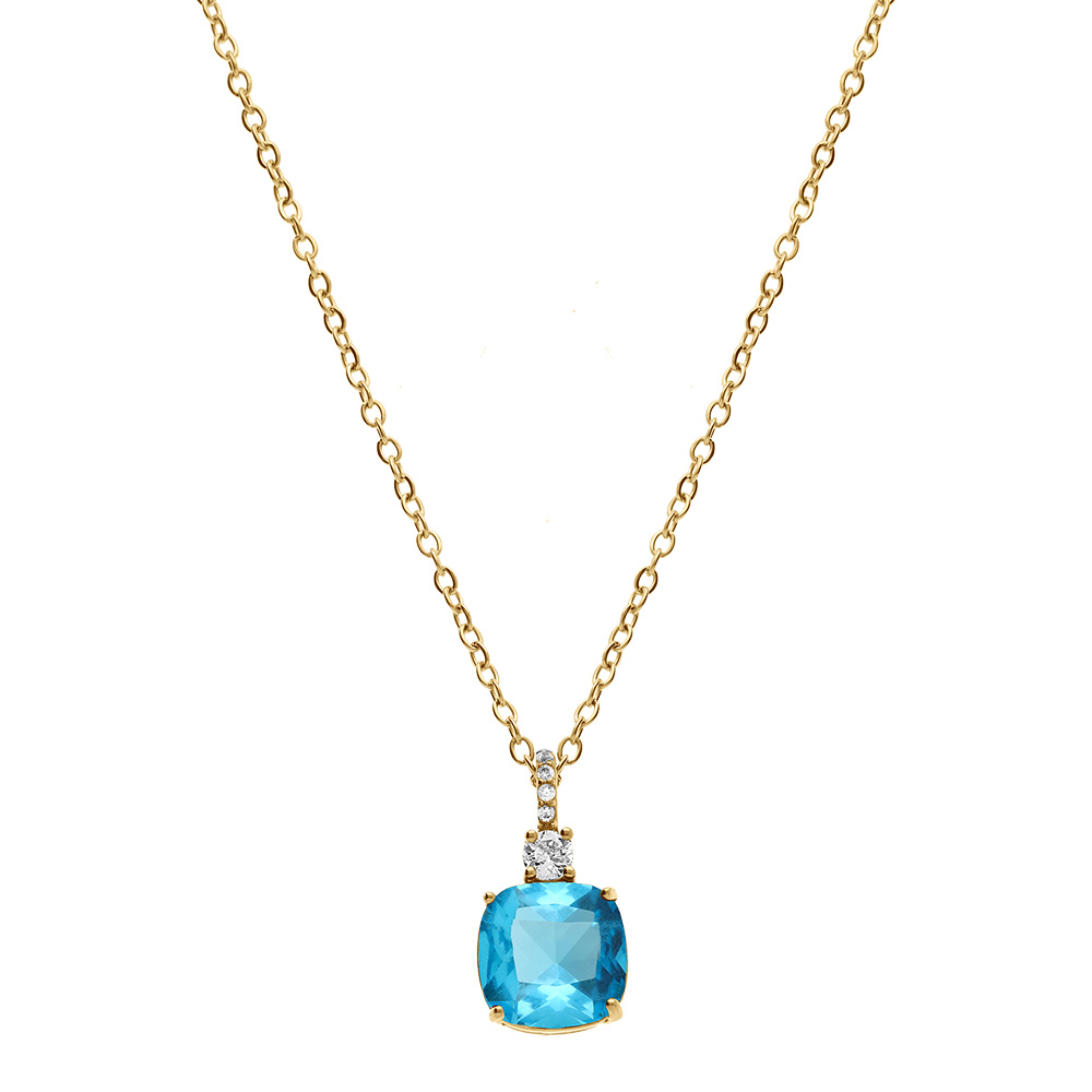 Collier en acier dor� pendentif carr� bleu ciel - 47+5cm - Vue 2