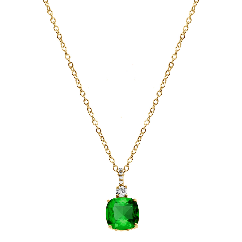 Collier en acier dor� pendentif carr� vert - 47+5cm - Vue 2