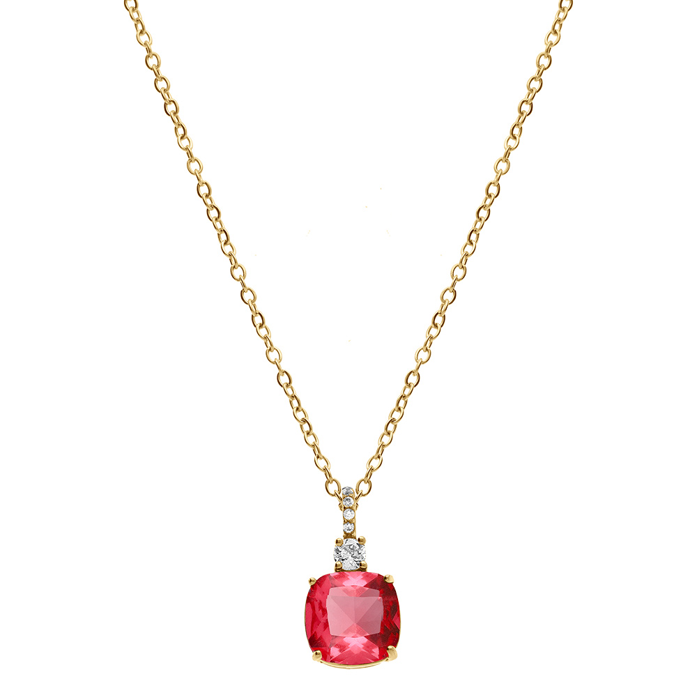 Collier en acier dor� pendentif carr� rouge - 47+5cm - Vue 2