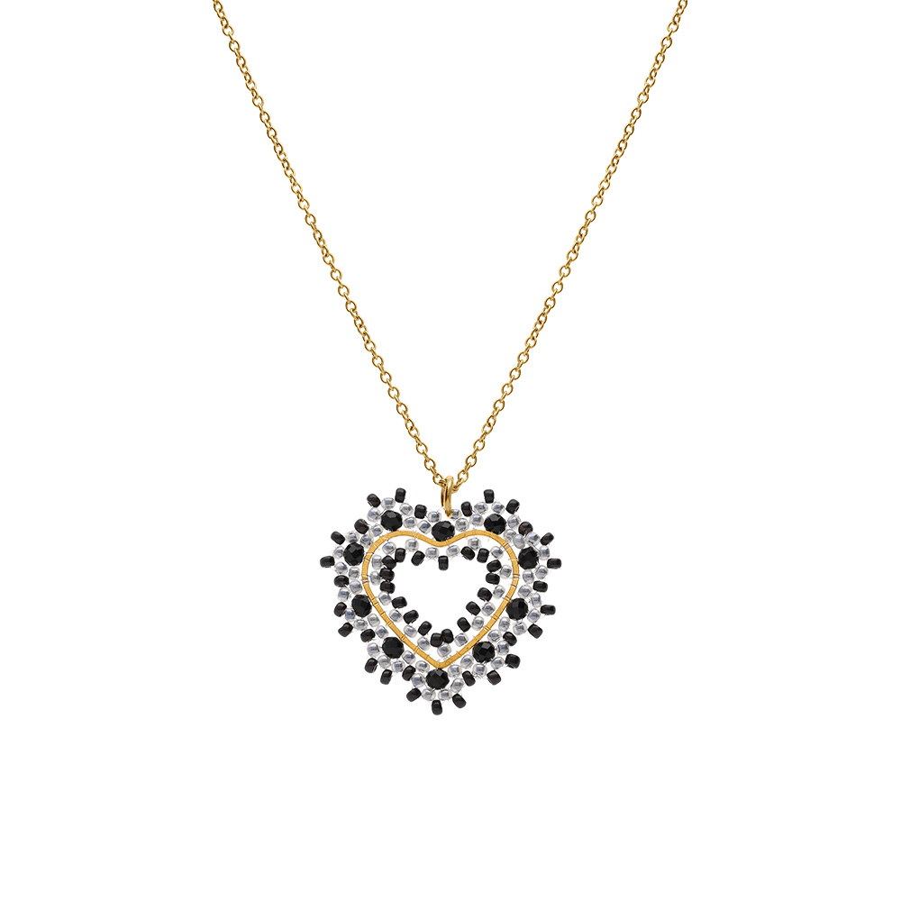 Collier en acier dor� pendentif forme coeur noir - 42+10cm - Vue 2