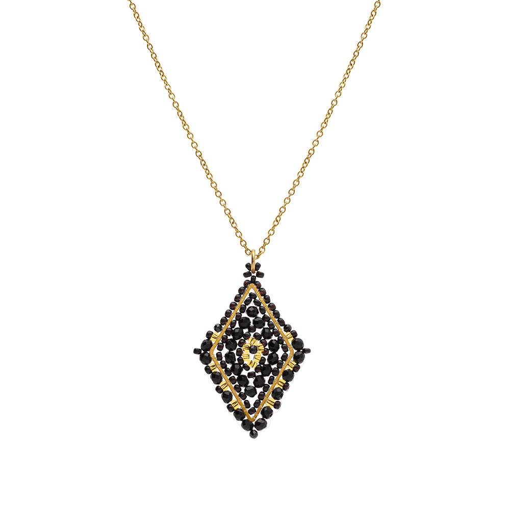 Collier en acier dor� pendentif forme losange noir - 42+10cm - Vue 2