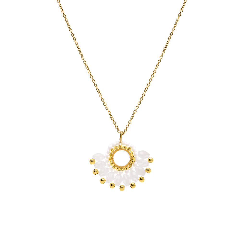 Collier en acier dor� pendentif forme eventail blanc  - 42+10cm - Vue 2