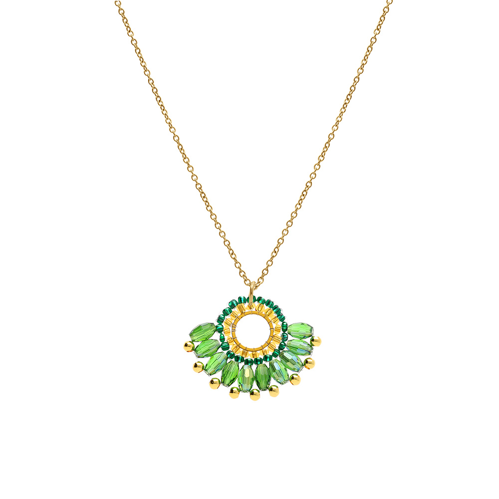 Collier en acier dor� pendentif forme eventail vert - 42+10cm - Vue 2