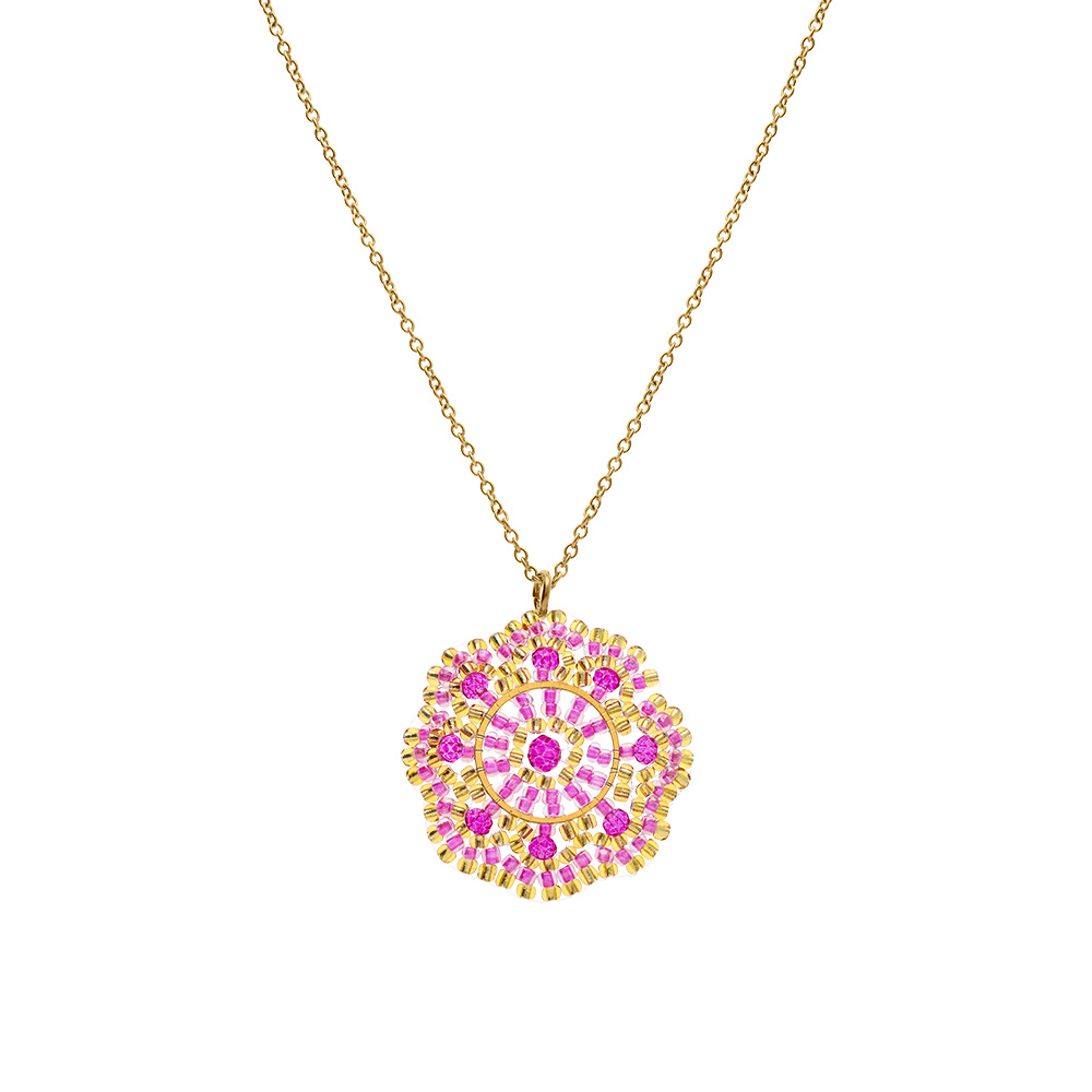Collier en acier dor� pendentif forme rond couleur fushia - 42+10cm - Vue 2