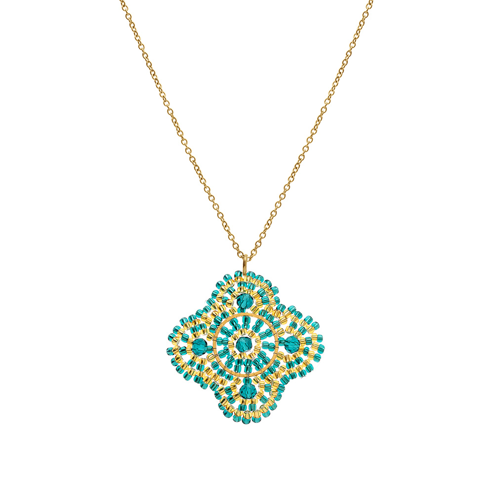 Collier en acier dor� pendentif forme fleur couleur turquoise - 42+10cm - Vue 2