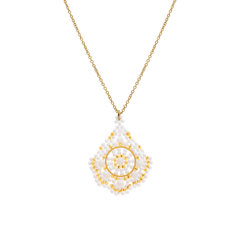 Collier en acier dor� pendentif forme losange blanc - 42+10cm - Vue 2