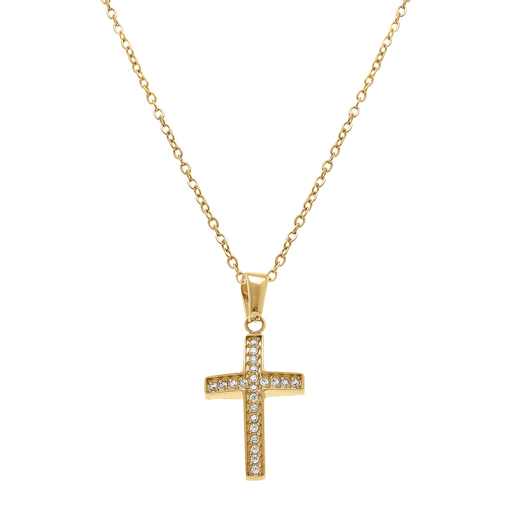 Collier en acier dor� croix 17mm x 10mm oxydes blancs sertis - 40+5cm - Vue 2